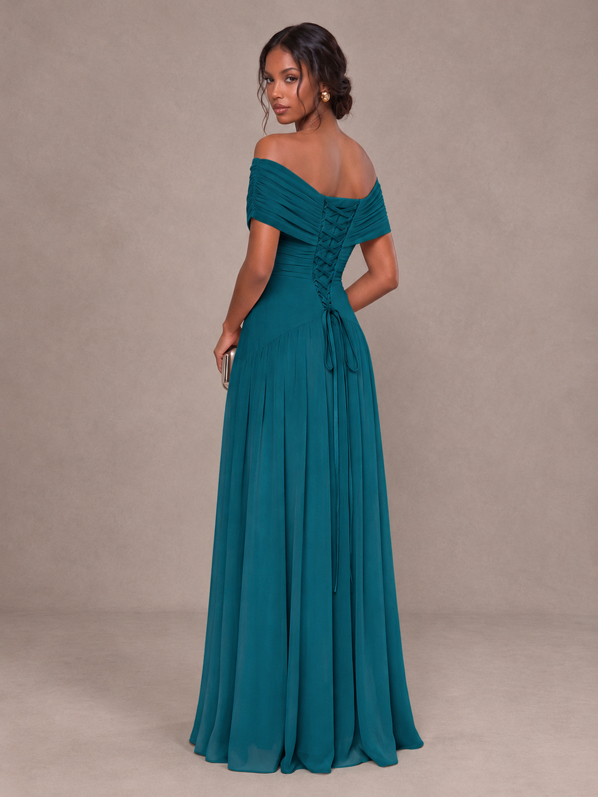 BOLODOO Peacock Off-Shoulder Ruched A-Line Bridesmaid Dress - Peacock - Peacock (2)
