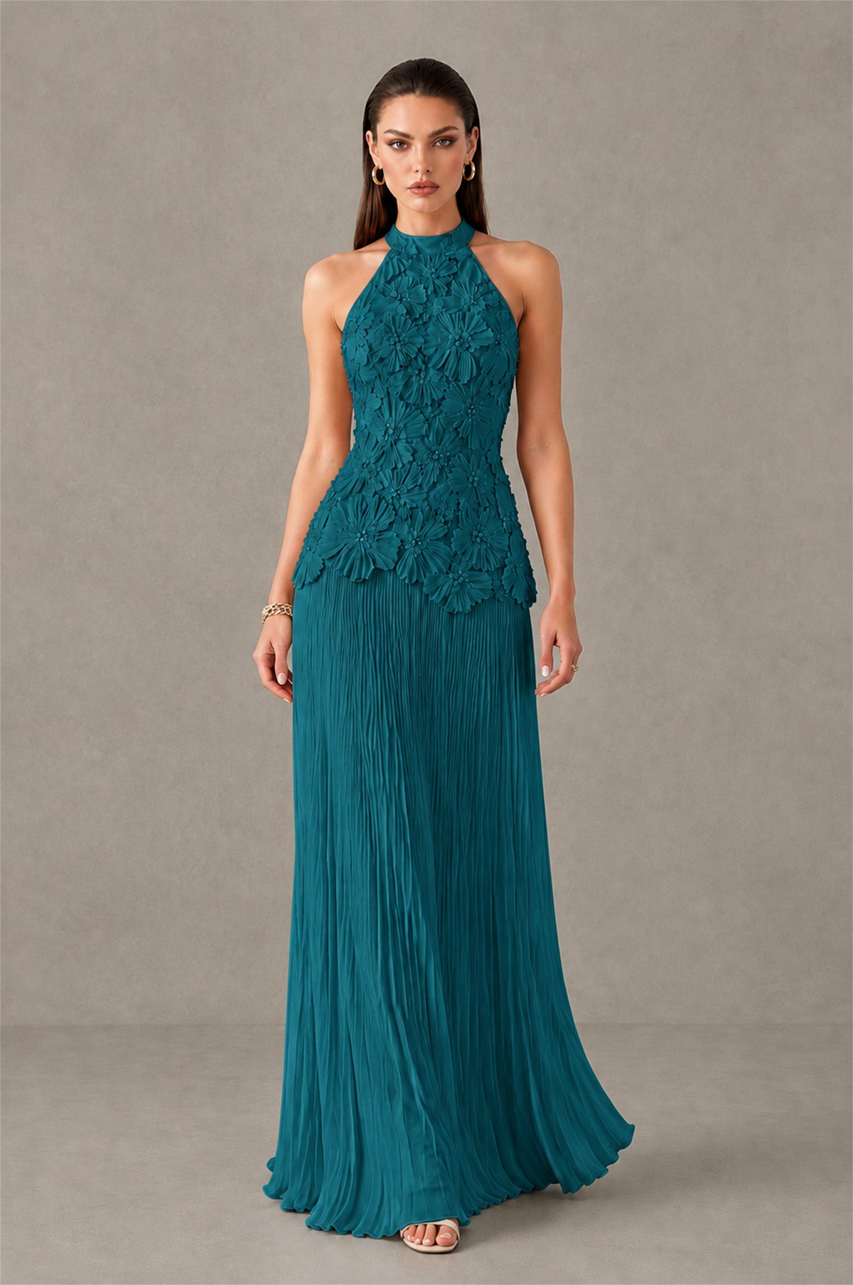 BOLODOO Peacock 3D Floral Applique Halter Neck Open Back Pleated Maxi Dress - Peacock