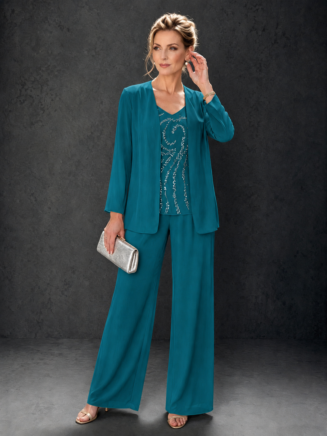 BOLODOO Peacock 3-Piece Mother of the Bride Pant Suit with Beaded Top & Chiffon Jacket - Peacock