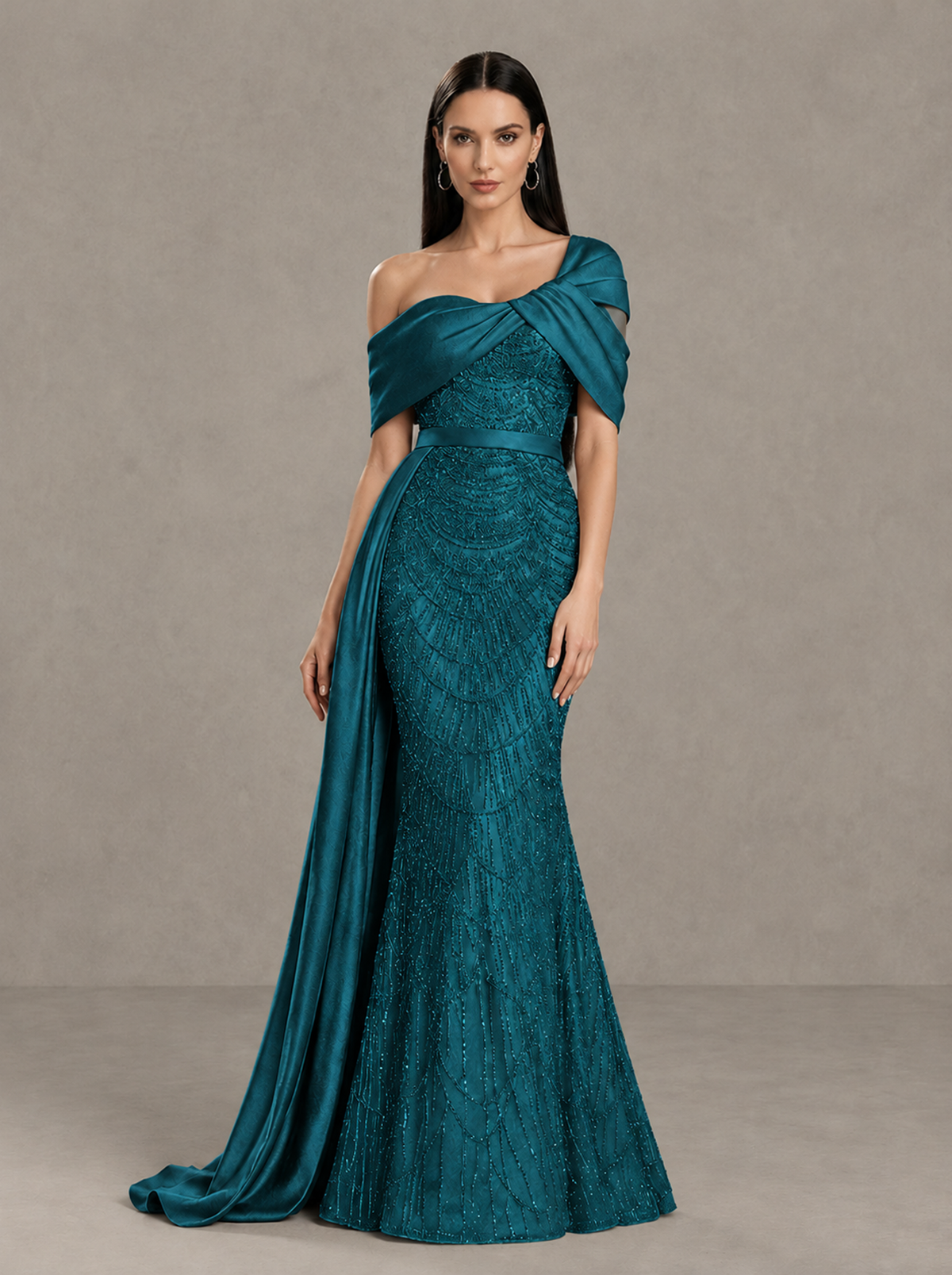 BOLODOO Peacock Asymmetric Draped Mermaid Evening Gown with Train - Peacock - Peacock (3)