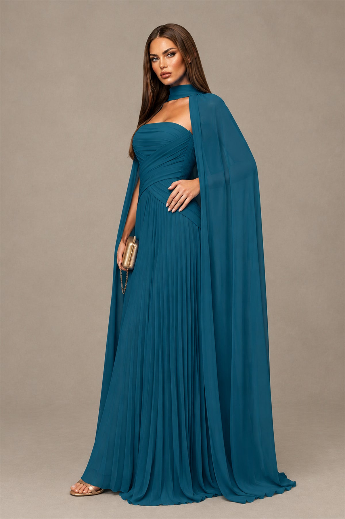 BOLODOO Peacock Strapless Crossover Ruched Bodice Detached Turtleneck Cape Lace-Up Back Pleated Chiffon Maxi Dress - Peacock