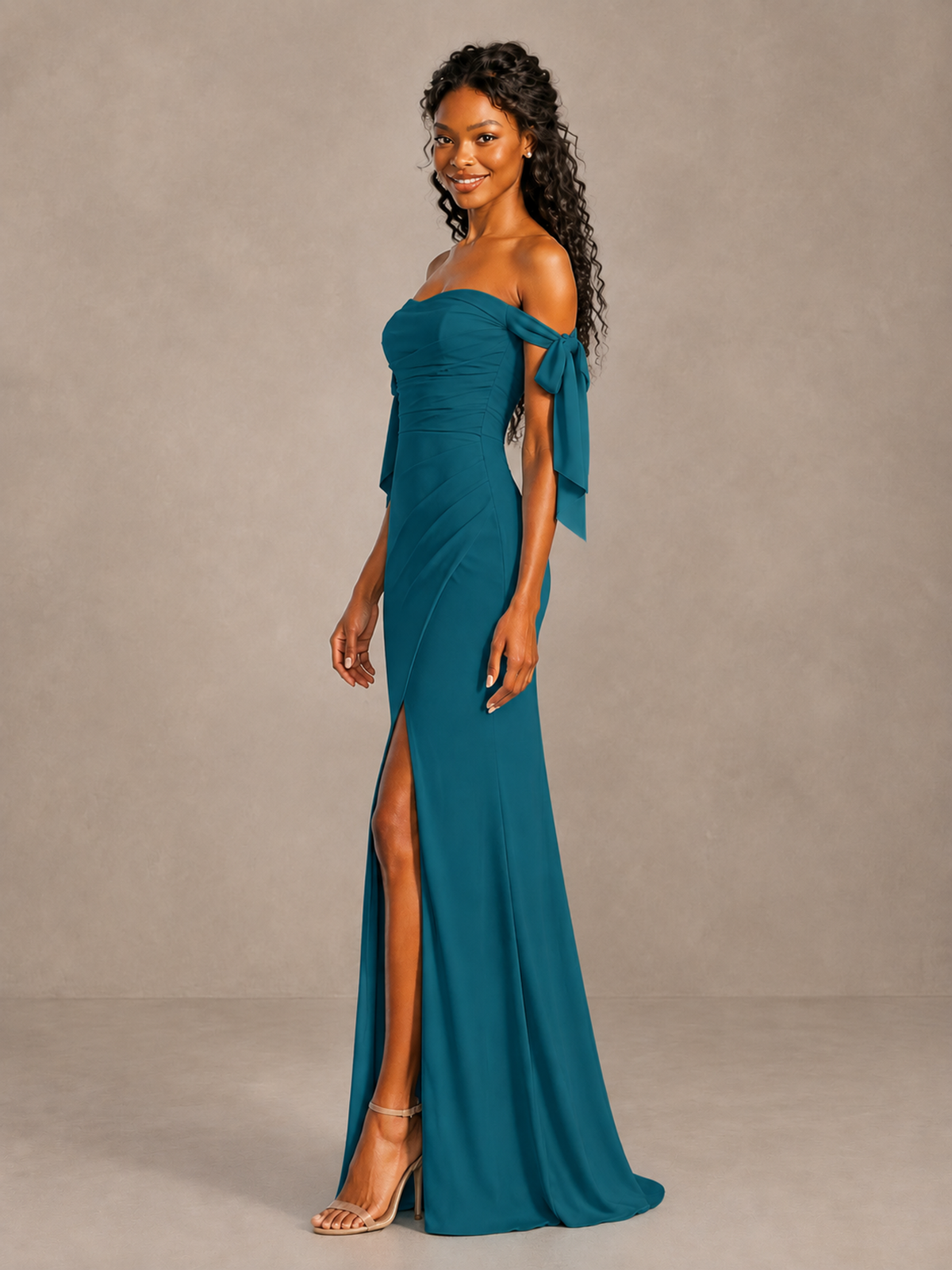 Peacock Off-Shoulder Bow Bridesmaid Dress with Slit - Peacock - Peacock (3)