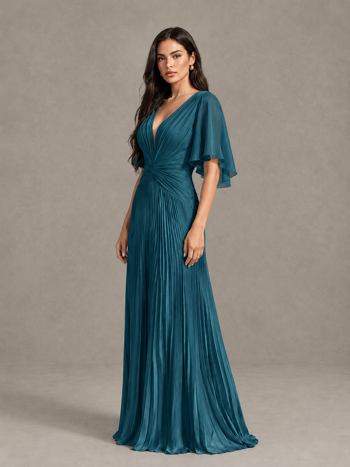 BOLODOO Peacock Pleated V-Neck Flutter Sleeve Bridesmaid Dress - Peacock - Peacock (3)