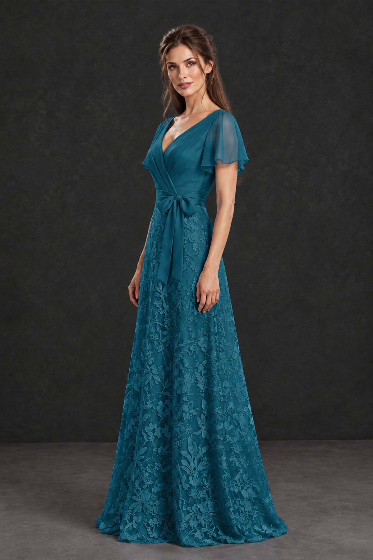 BOLODOO Peacock Flutter Sleeve Lace Mother of the Bride Dress - Peacock