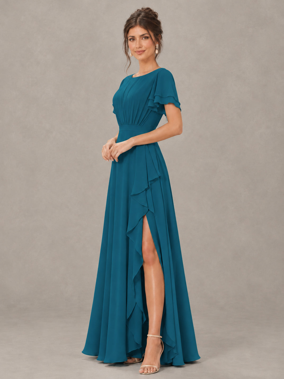 BOLODOO Peacock Flutter Sleeve Ruffle Bridesmaid Dress with Slit - Peacock - Peacock (3)