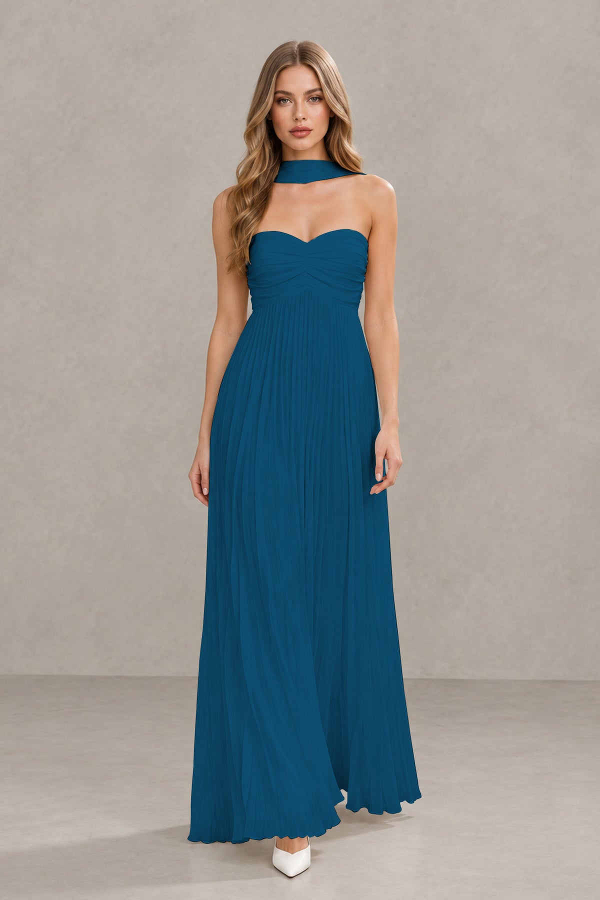 BOLODOO Peacock Strapless Chiffon-Look Maxi Dress with Lace-Up Back & Cape - Peacock