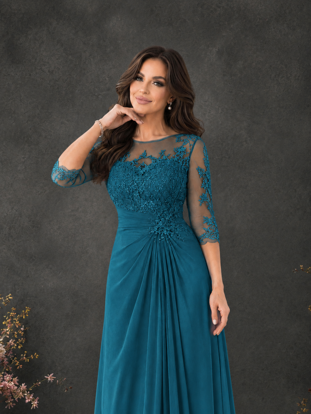 BOLODOO Peacock Chiffon Lace Illusion Neckline 3/4 Sleeve Floor Length Formal Gown - Peacock