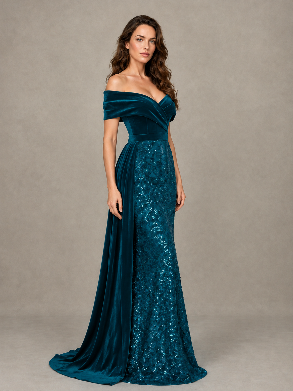 BOLODOO Peacock Off-Shoulder Velvet & Sequin Evening Gown with Side Train - Peacock - Peacock (3)