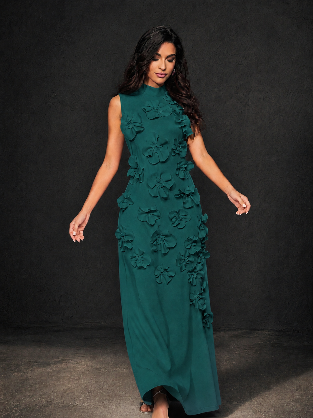 BOLODOO Peacock Mock Neck Sleeveless 3D Floral Appliqué Maxi Dress with Bow Back - Peacock