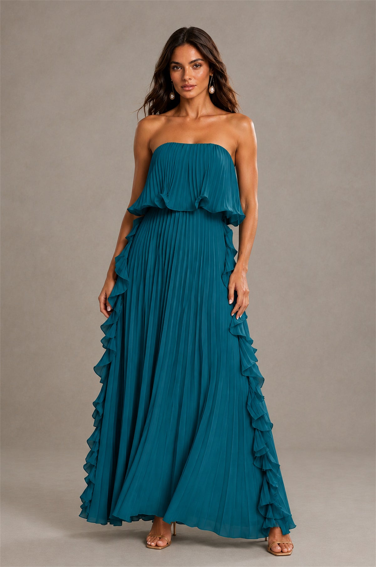 BOLODOO Peacock Strapless Ruffle Bodice Dual Cascading Ruffle Accordion Pleated Chiffon Maxi Dress - Peacock