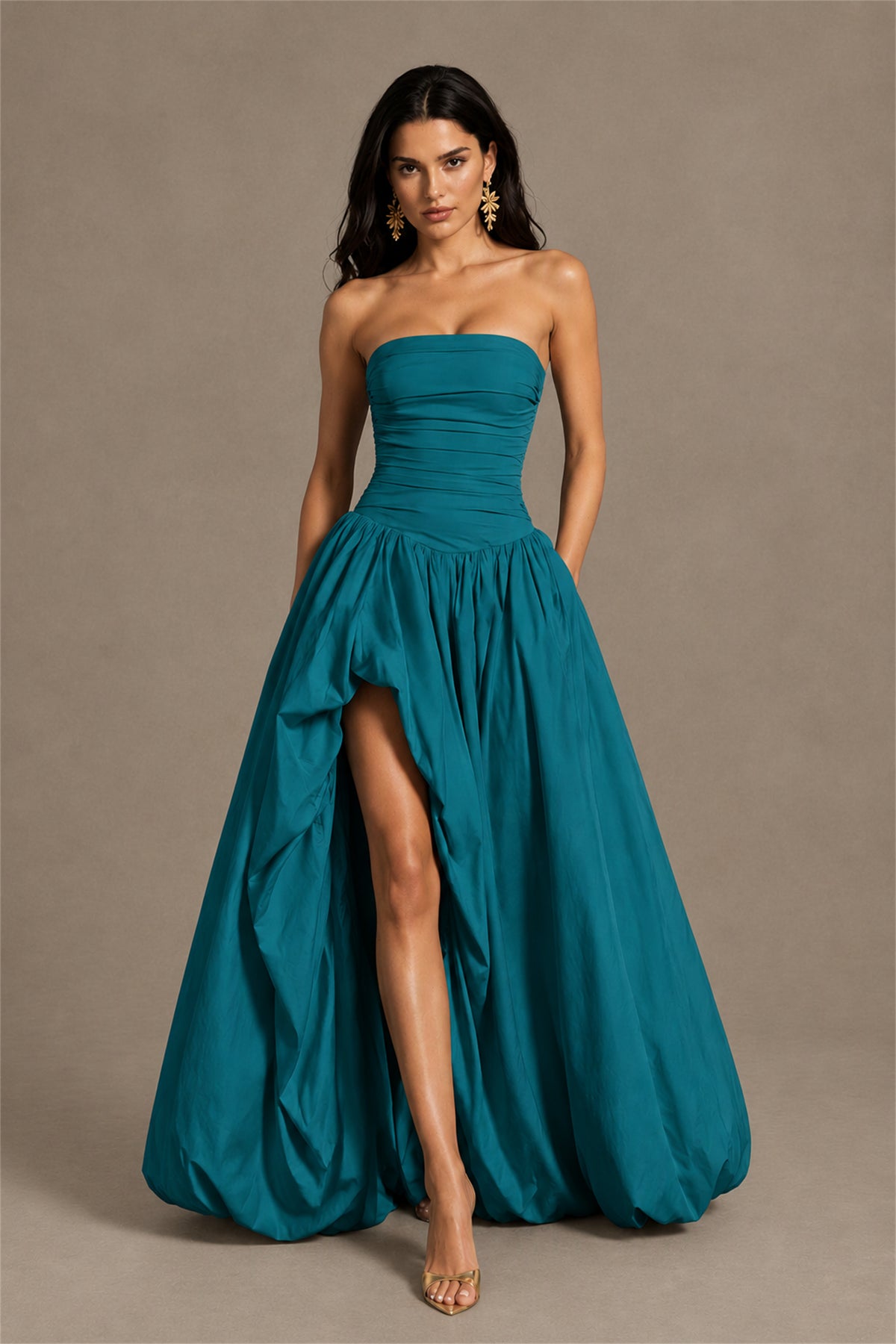 BOLODOO Peacock Strapless Ruched Corset Lace-Up Back Bubble Skirt High Slit Taffeta Maxi Dress - Peacock