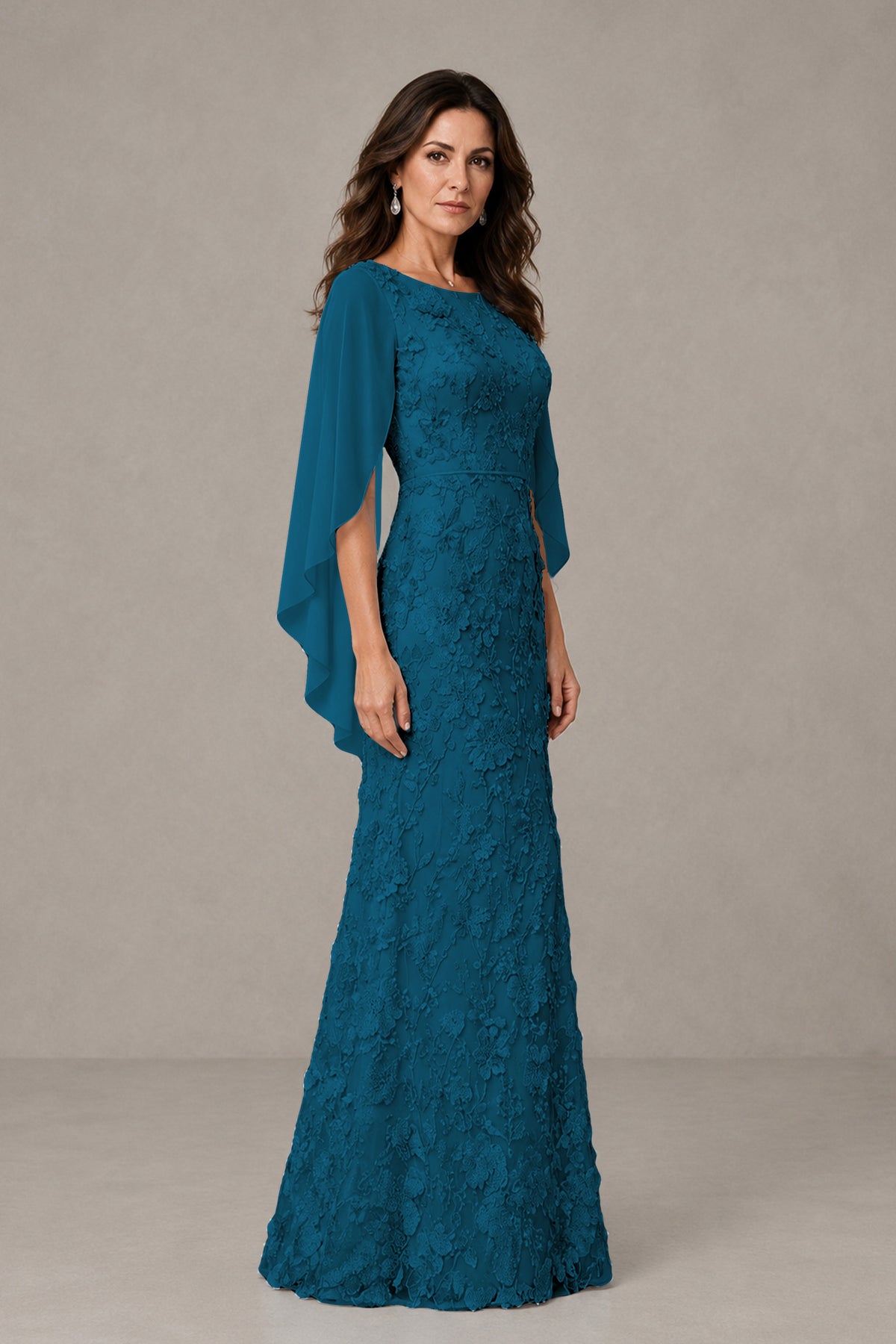 BOLODOO Peacock Lace Mother of the Bride Dress with Cape Sleeves - Peacock