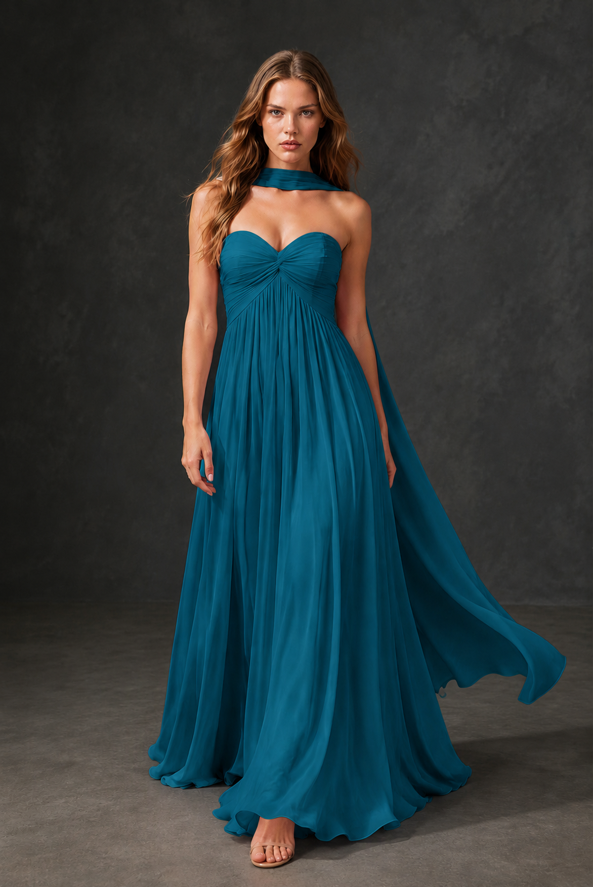 BOLODOO Peacock Sweetheart Strapless Twist Knot Detached Halter Scarf Lace-Up Back Empire Waist Chiffon Maxi Dress - Peacock