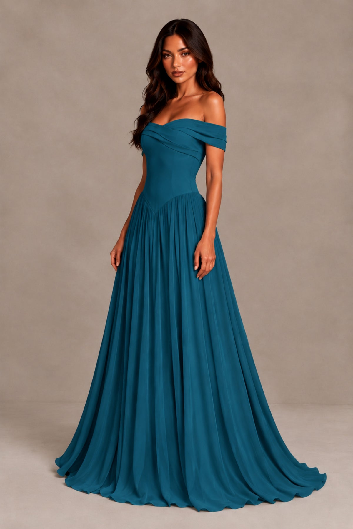 BOLODOO Peacock Off-Shoulder Sweetheart Corset Pleated Chiffon Maxi Dress - Peacock - Peacock (3)