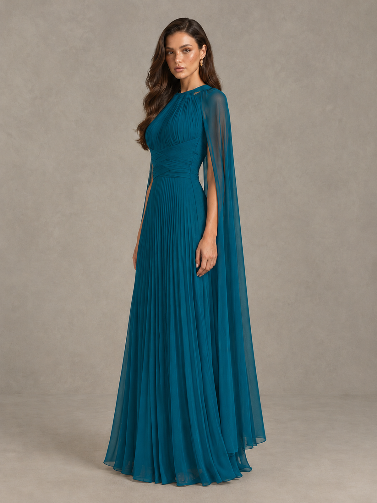 BOLODOO Peacock Pleated Cape Maxi Wedding Guest Dress - Peacock - Peacock (3)