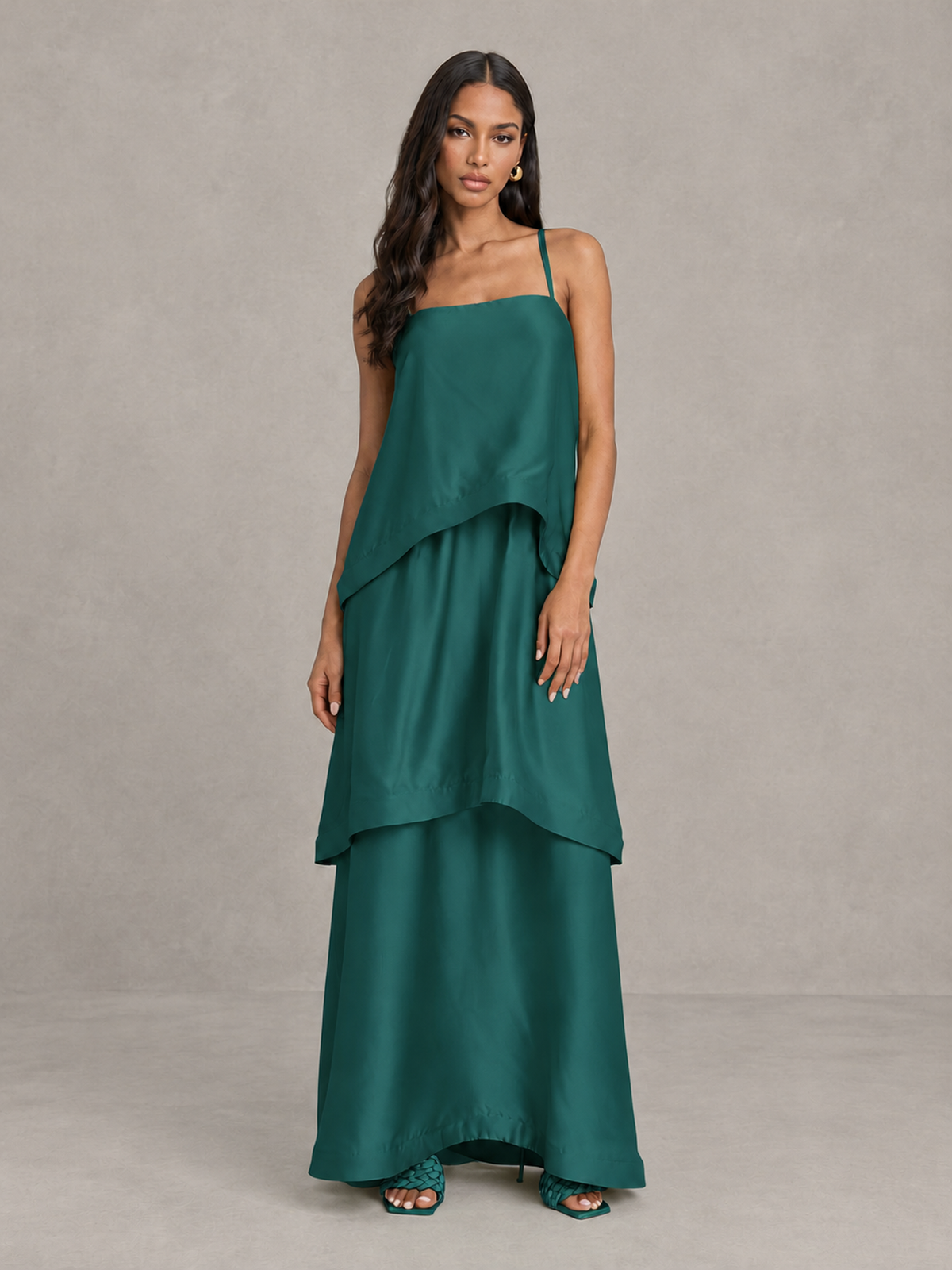 BOLODOO Peacock Satin Tiered Maxi Dress with Spaghetti Straps - Peacock