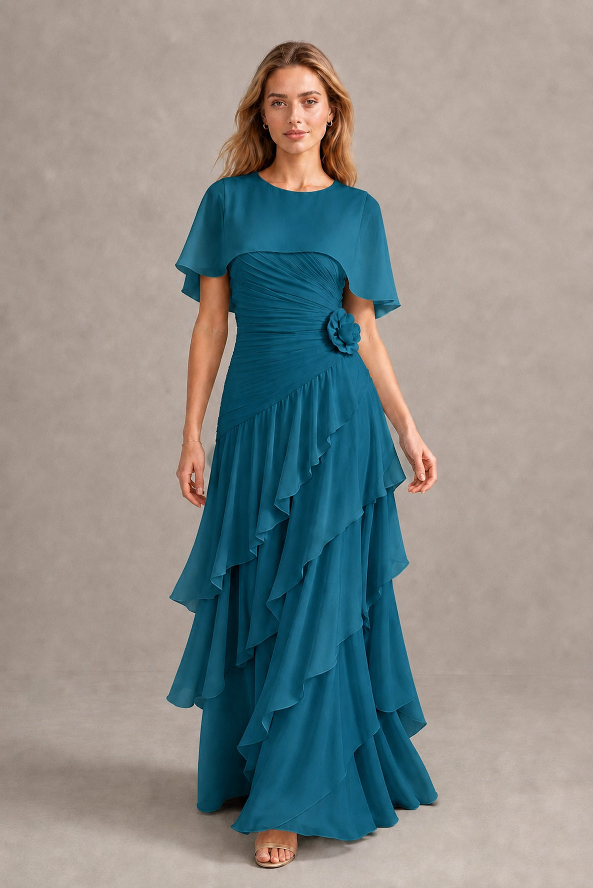 BOLODOO Peacock Chiffon Flutter Sleeve Tiered Maxi Dress with 3D Rosette - Peacock