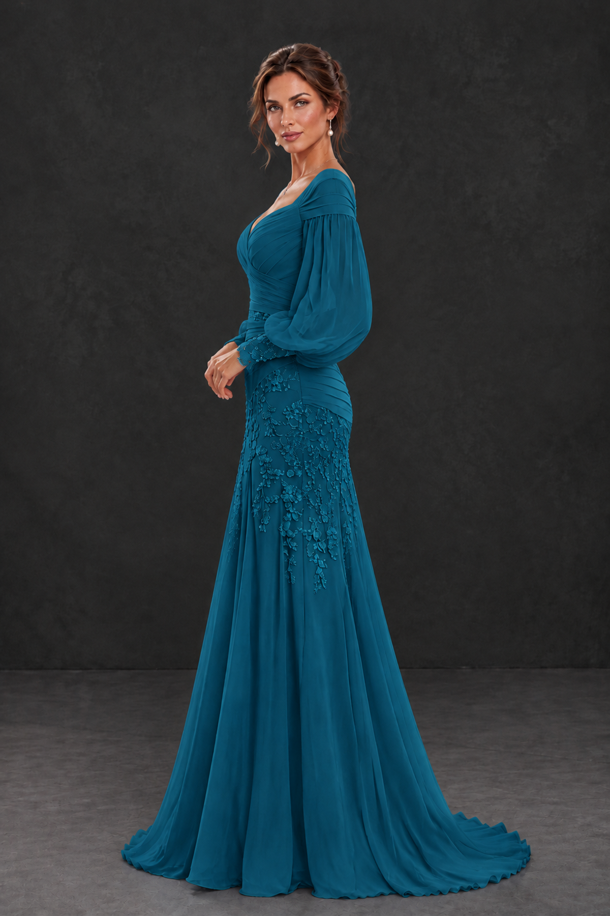BOLODOO Peacock Long Sleeve Mother of the Bride Dress with Floral Appliqués - Peacock - Peacock (3)