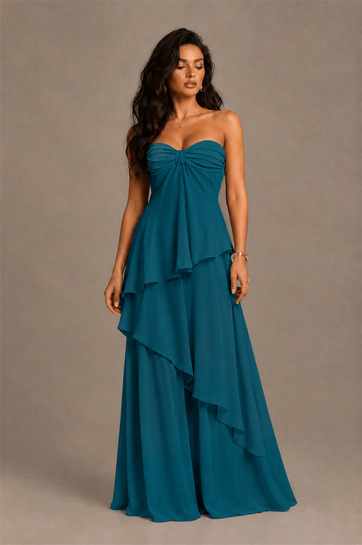 BOLODOO Peacock Strapless Sweetheart Knotted Chiffon Tiered Maxi Dress with Lace-Up Back - Peacock