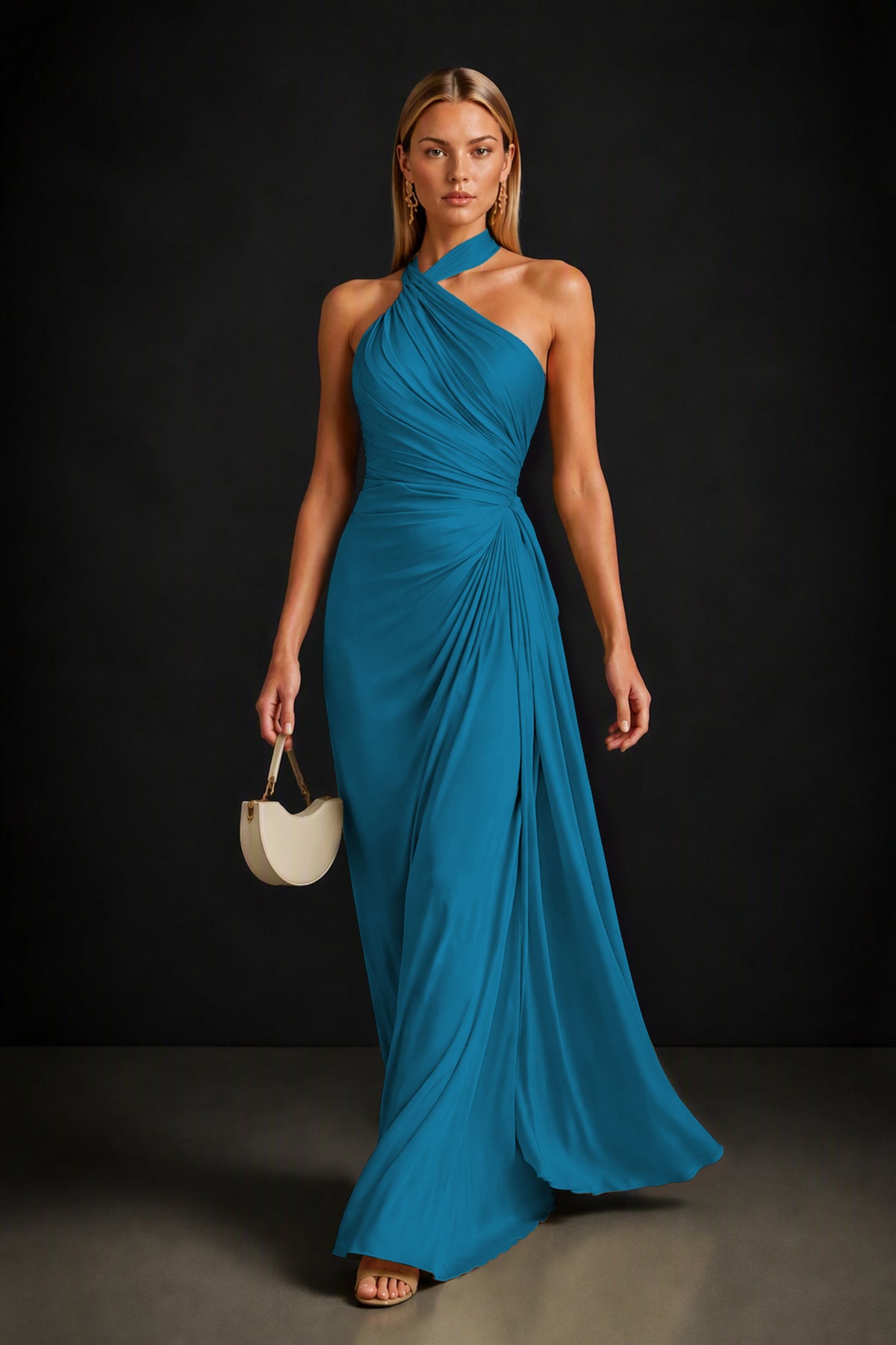 BOLODOO Peacock Twisted Halter Neck Ruched Sleeveless Open Back Floor-Length Gown - Peacock