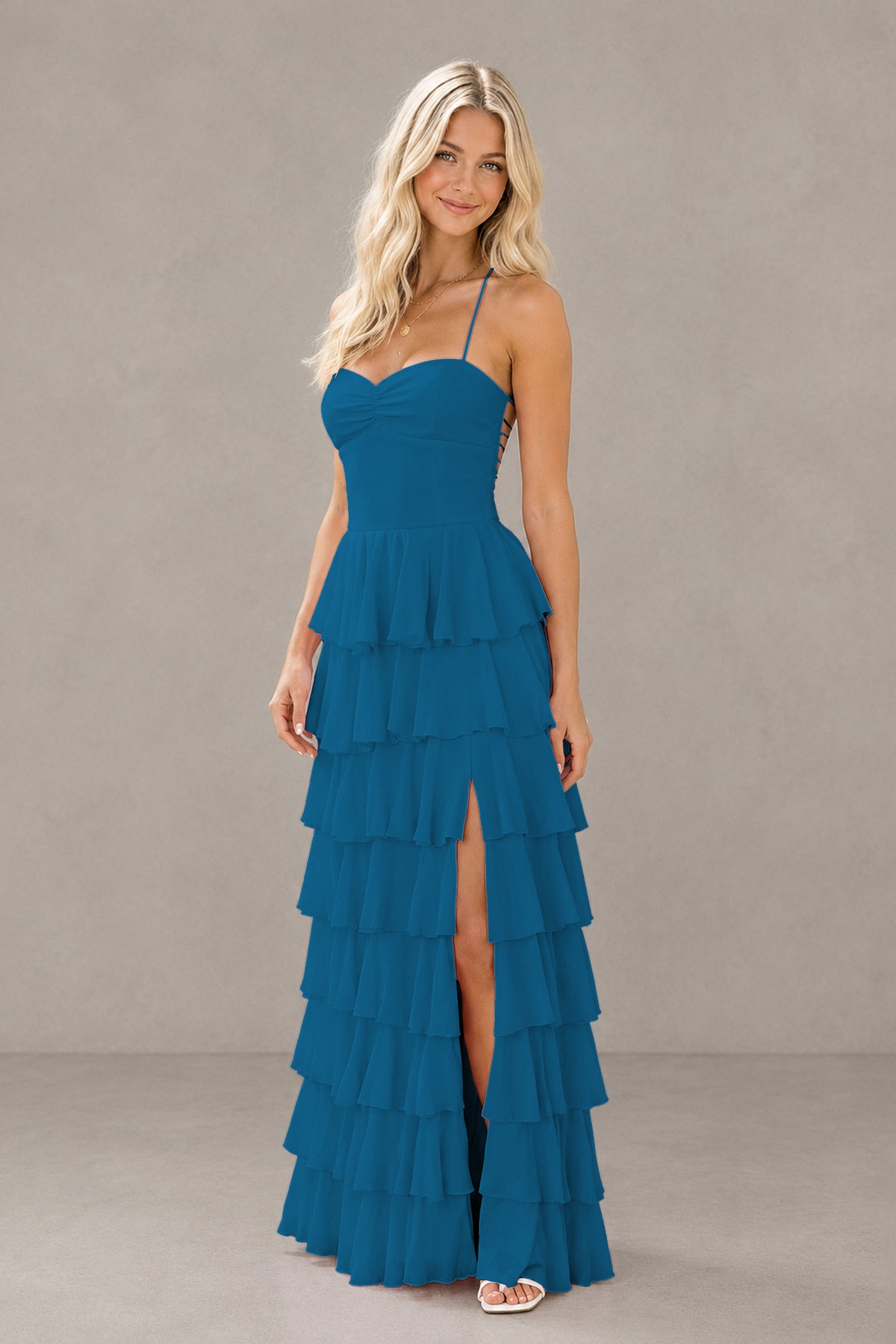 BOLODOO Peacock Strapless Tiered Ruffle Maxi Dress with Slit & Lace-Up Back - Peacock