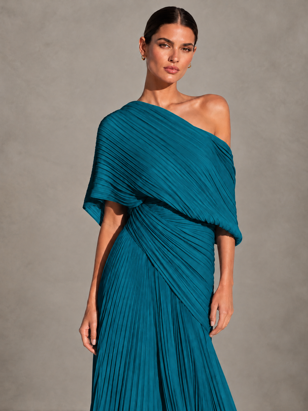 BOLODOO Peacock One-Shoulder Pleated Cape Evening Gown with Train - Peacock - Peacock (3)