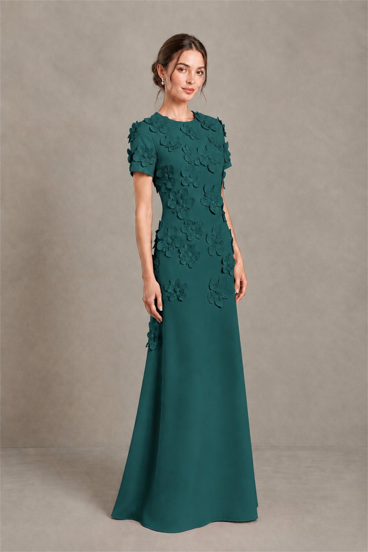 BOLODOO Peacock Textured Floral Maxi Dress with Short Sleeves - Peacock