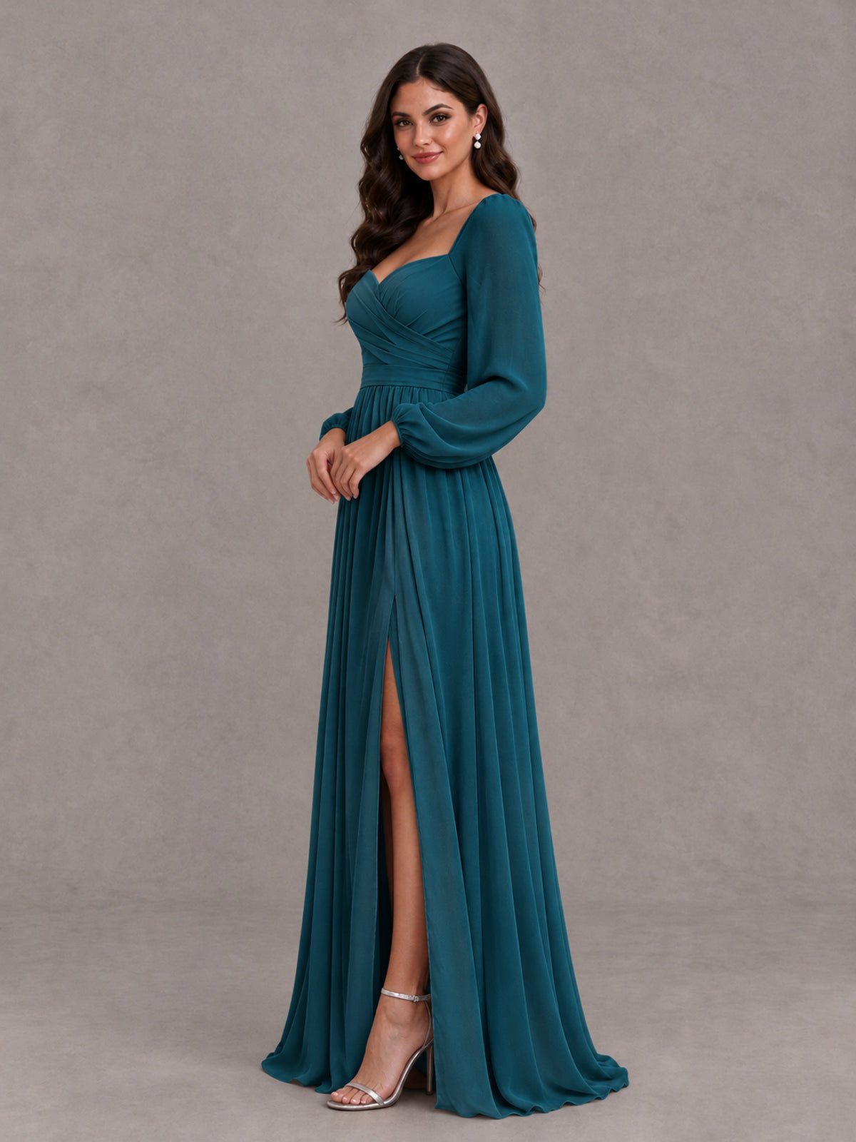 BOLODOO Peacock Long Sleeve Chiffon Bridesmaid Dress with Slit - Peacock - Peacock (3)