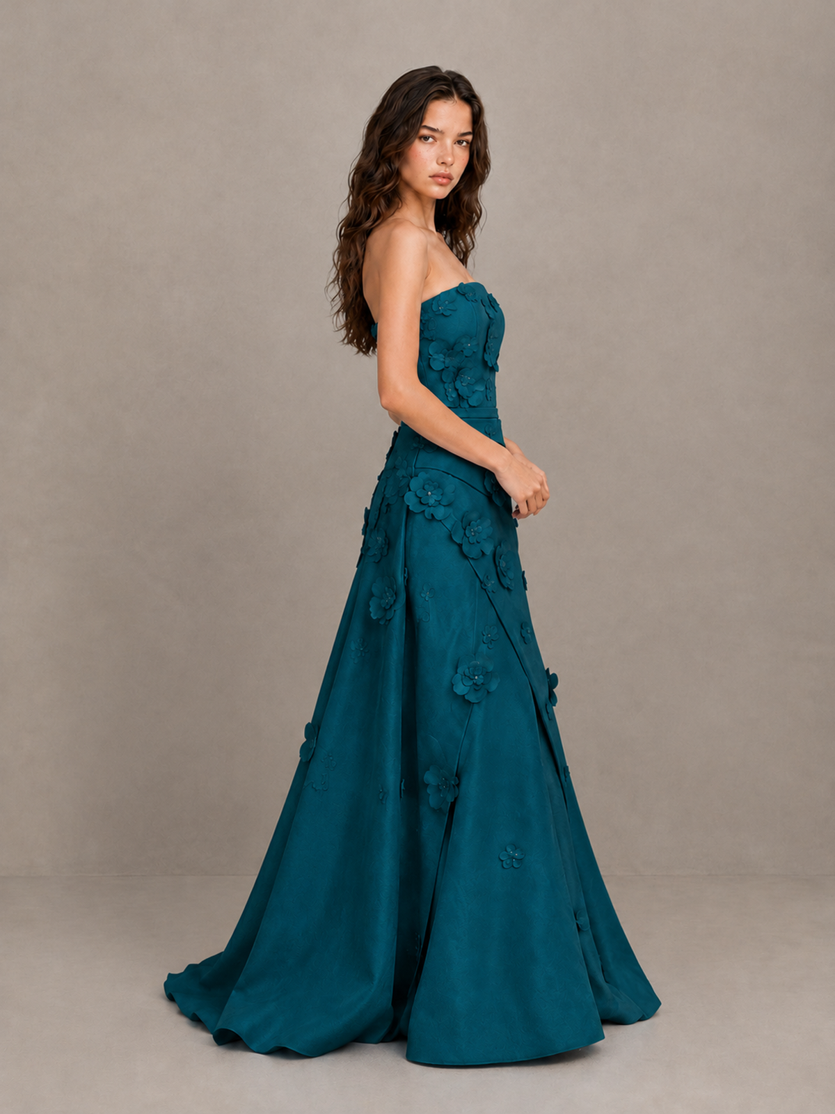 BOLODOO Peacock Strapless 3D Floral Applique Prom Gown with Draped Skirt - Peacock - Peacock (3)