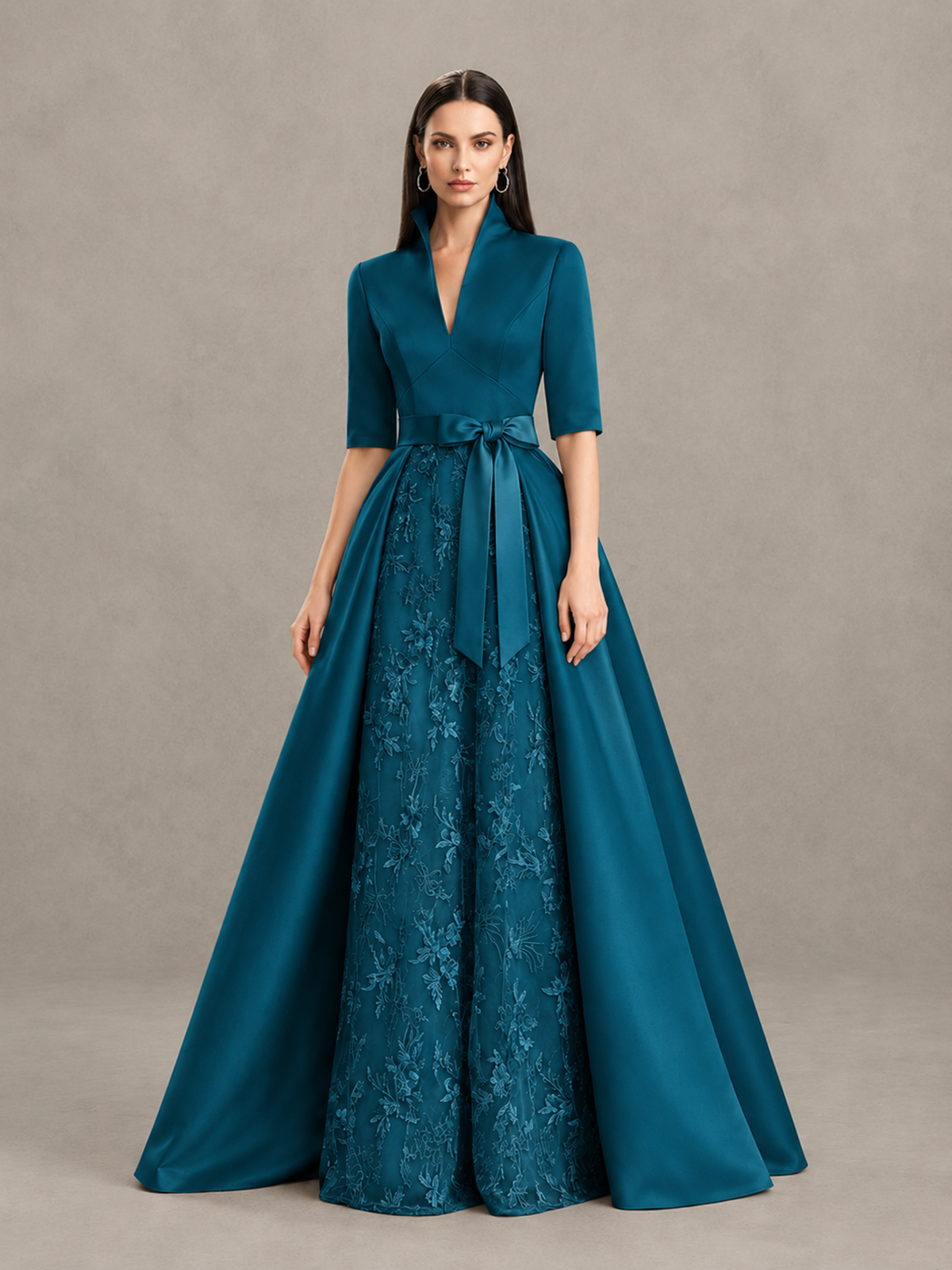BOLODOO Peacock Stand Collar Bow Waist Floral Embroidered Evening Gown - Peacock - Peacock (3)
