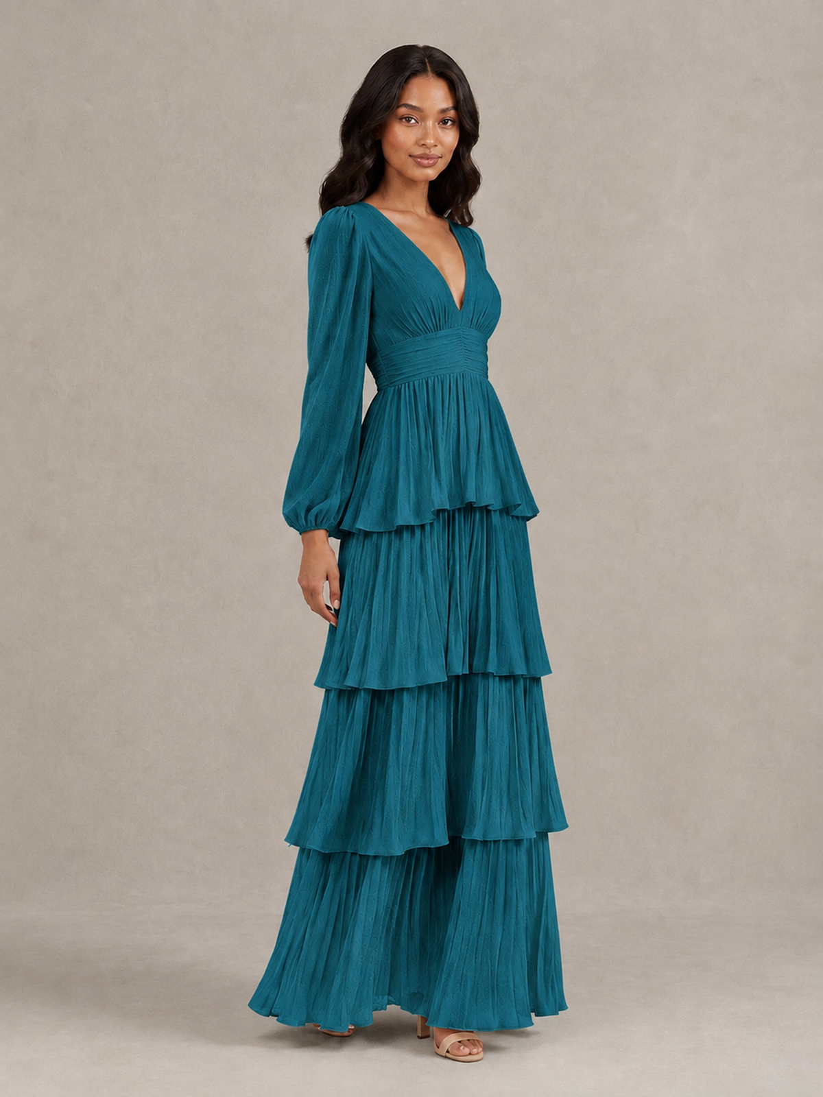 BOLODOO Peacock Long-Sleeve Tiered Maxi Dress with Deep V-Neck - Peacock