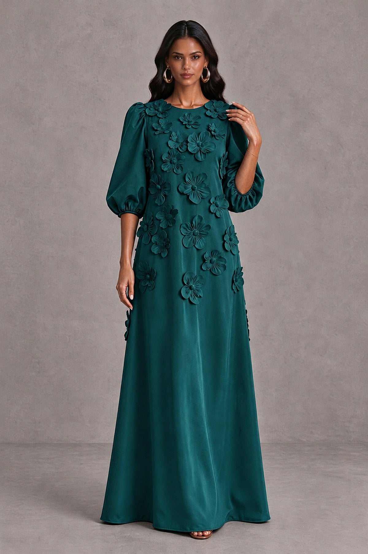 BOLODOO Peacock Floral Applique Puff Sleeve A-Line Evening Dress - Peacock - Peacock (3)