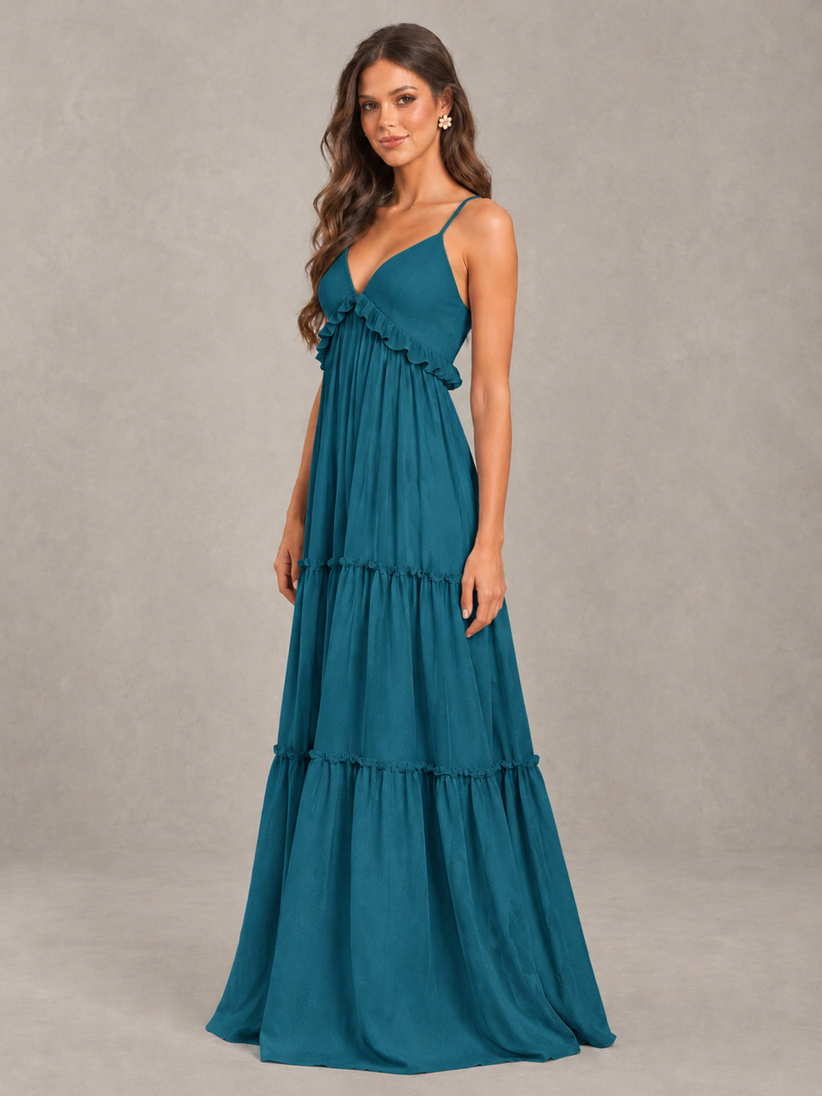 BOLODOO Peacock Tiered V-Neck Lace-Up Back Bridesmaid Dress - Peacock - Peacock (3)