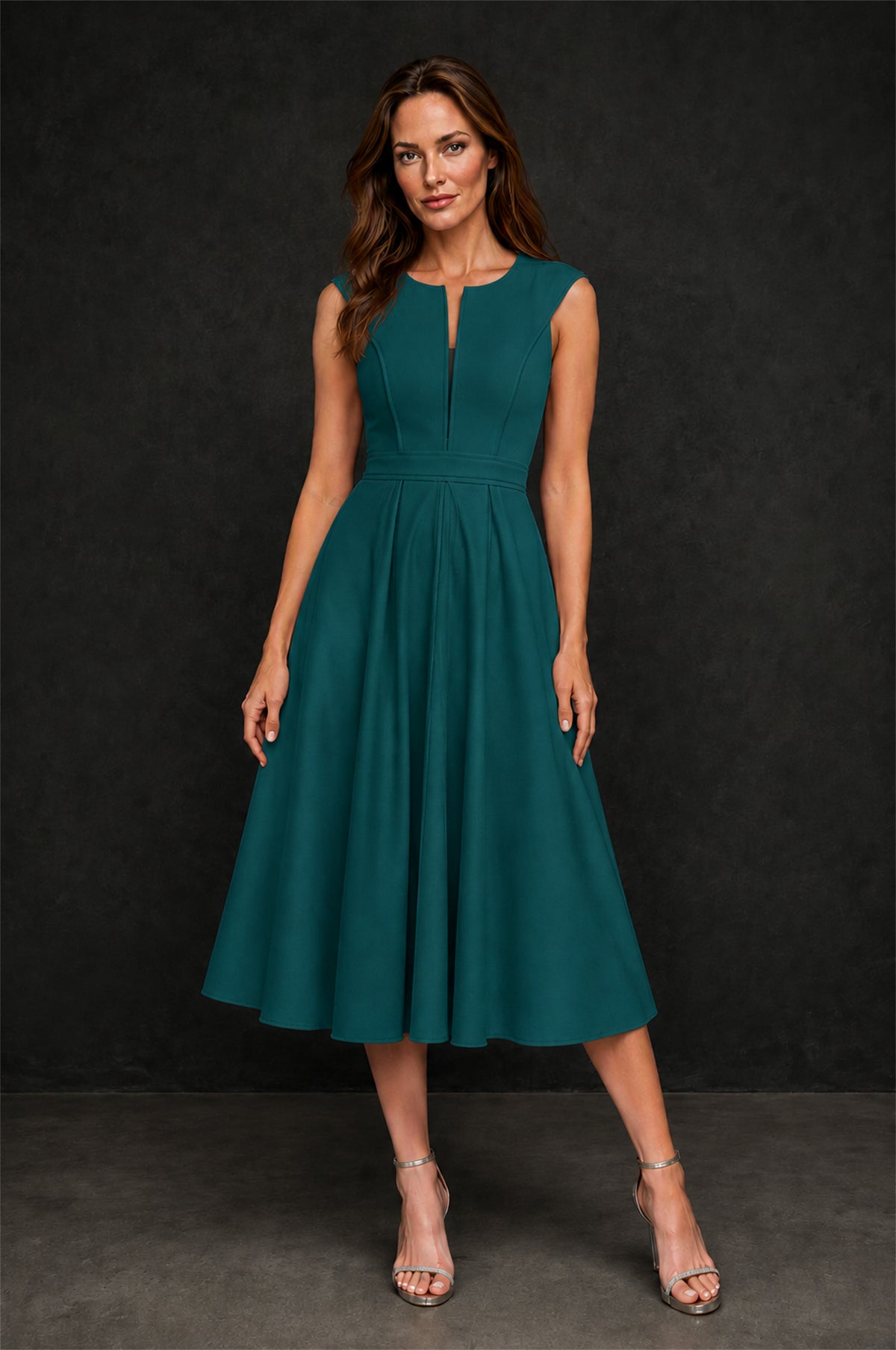BOLODOO Peacock 3D Rosette Appliqué 3/4 Sleeve Jacket & V-Notch Sleeveless A-Line Tea-Length Two-Piece Dress Set - Peacock