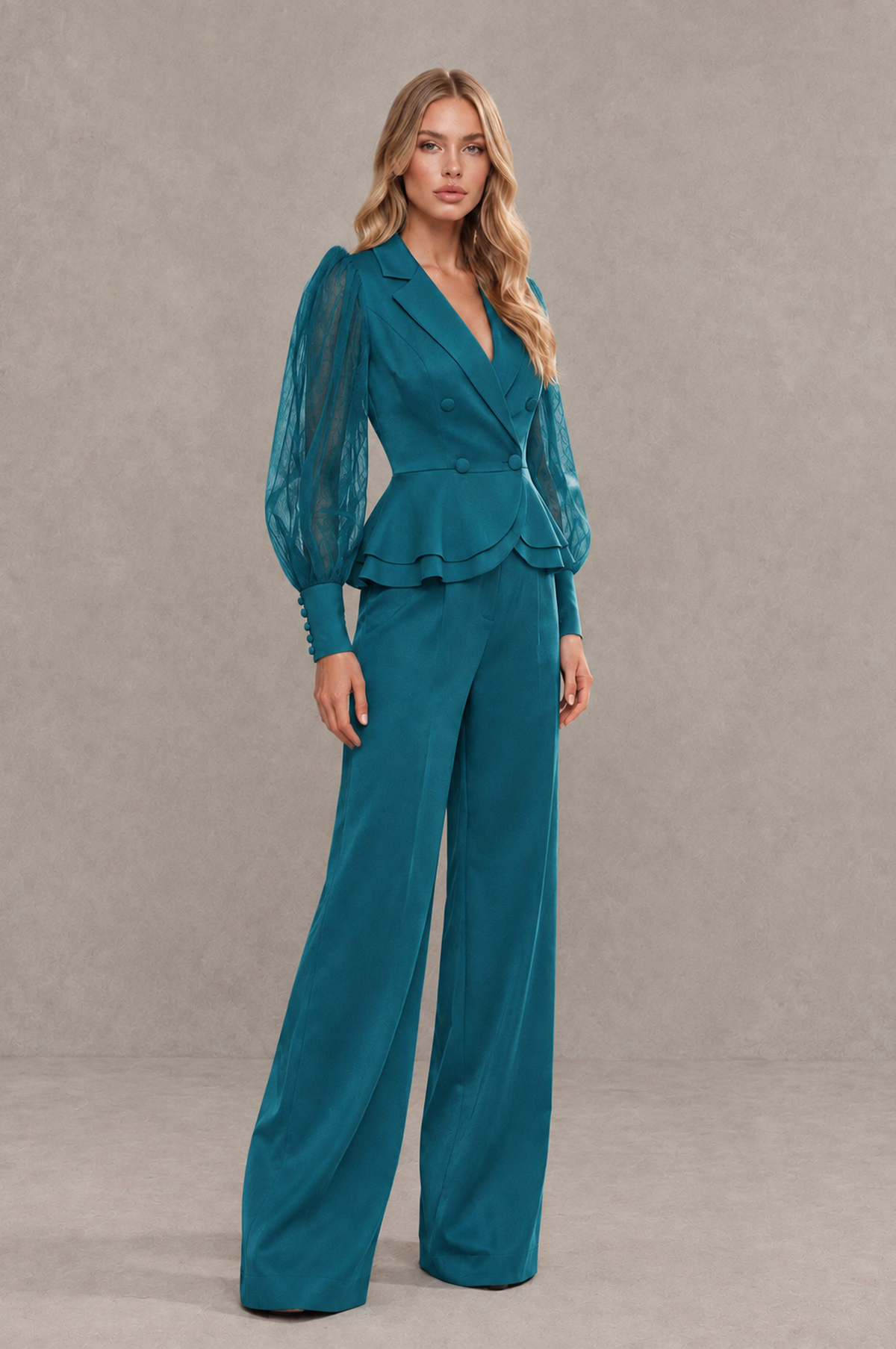 BOLODOO Mint Peacock Peplum Blazer Wide-Leg Pantsuit with Sheer Puff Sleeves - Peacock