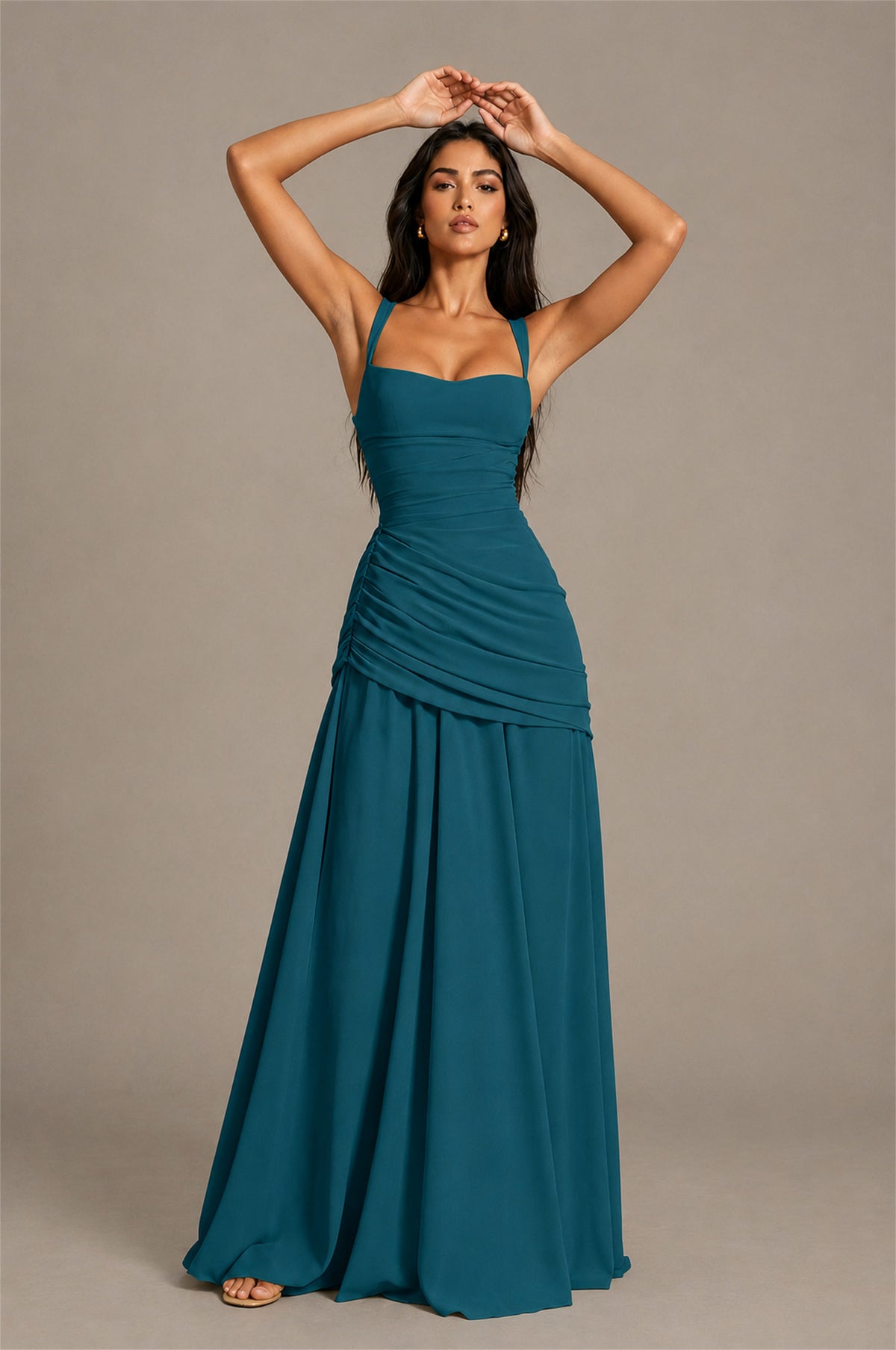 BOLODOO Square Neck Ruched A-Line Maxi Dress - Peacock Backless Evening Gown - Peacock