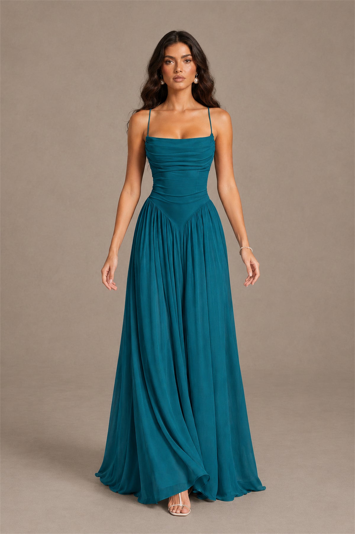 BOLODOO Peacock Spaghetti Strap Square Neck Ruched Chiffon Maxi Dress with Lace-Up Back - Peacock