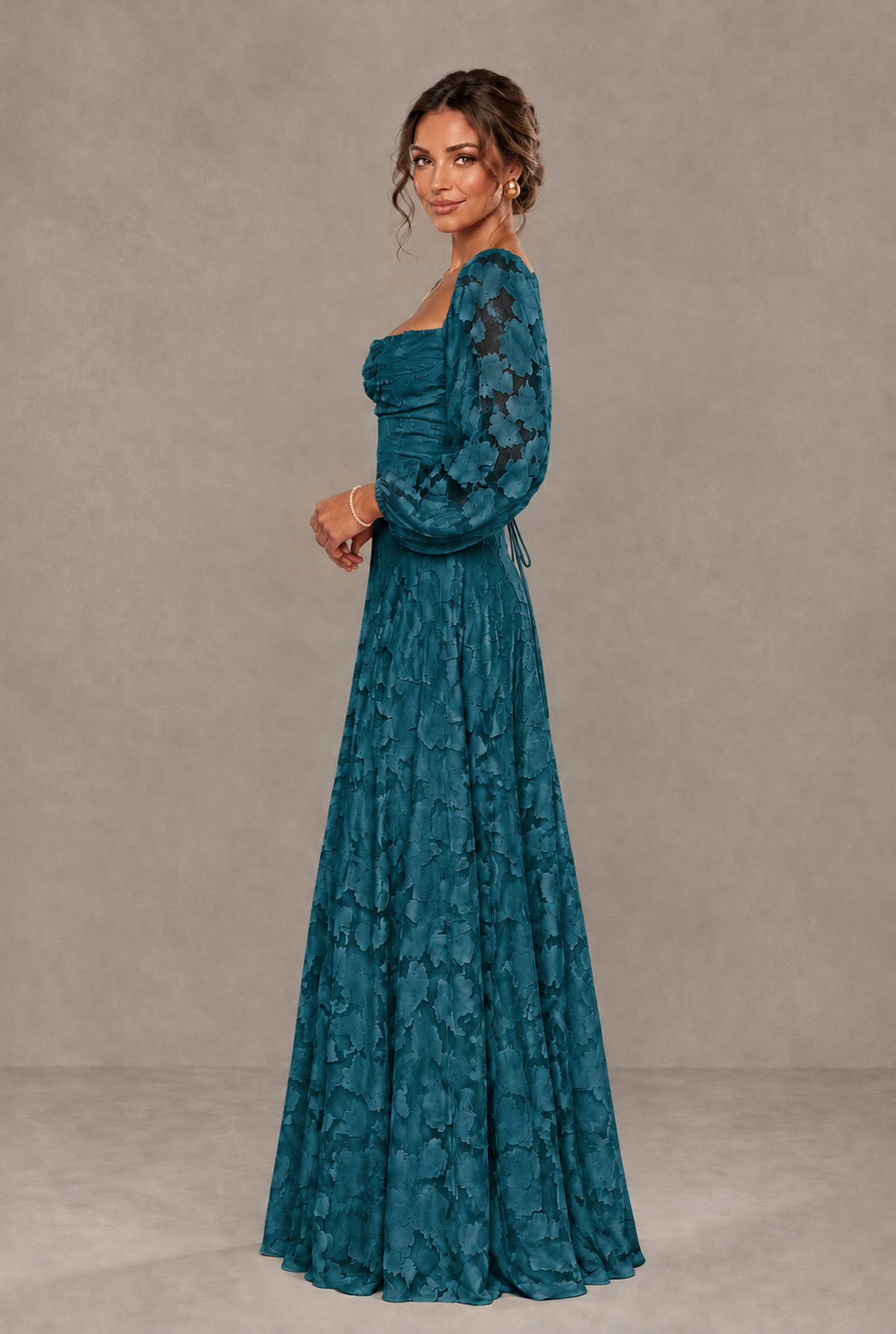 BOLODOO Floral Peacock Long Sleeve A-Line Dress with Lace-Up Back - Peacock