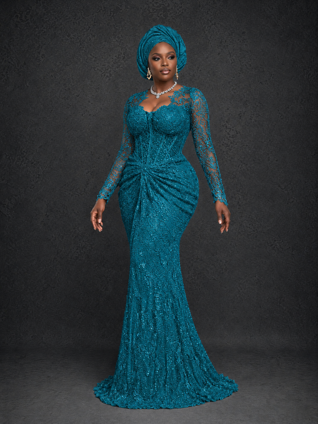 BOLODOO Peacock Beaded Lace Long Sleeve Mermaid Gown Sweetheart | Mother of the Bride - Peacock