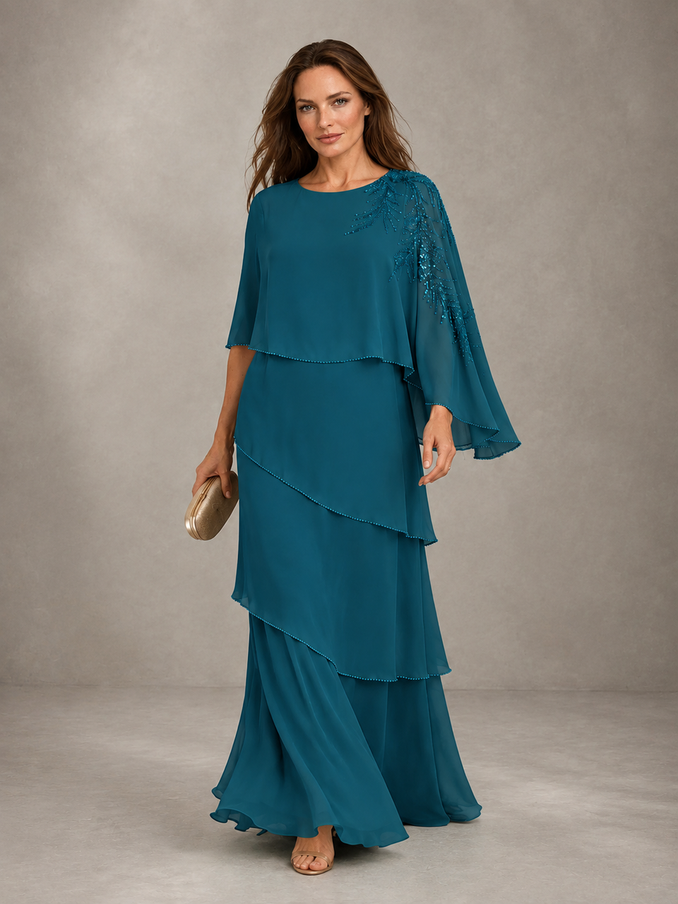 BOLODOO Peacock Mocha Asymmetric Cape Sleeve Peacock Sequin Embroidered Pearl Trim Tiered Chiffon Gown - Peacock