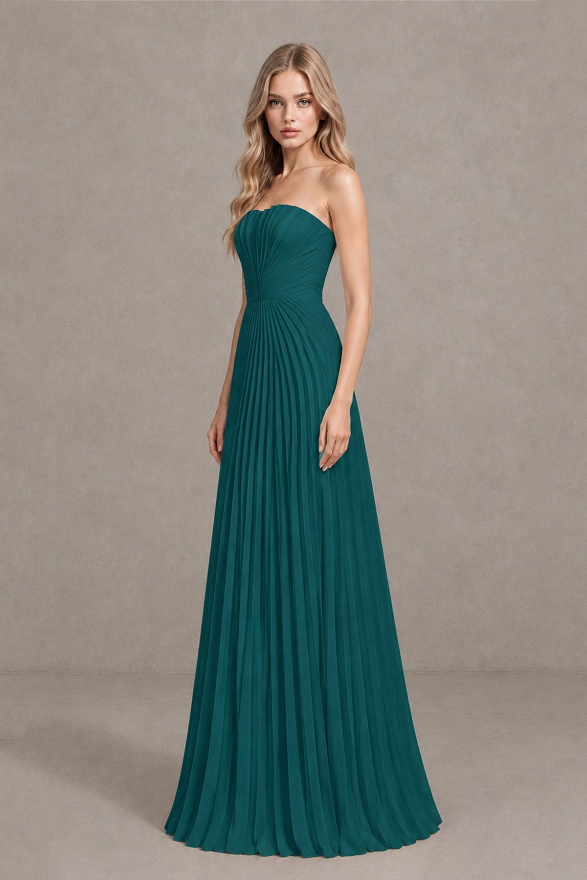 BOLODOO Peacock Strapless Sunburst Pleated Twisted Knot Lace-Up Back Accordion Pleated Chiffon Maxi Dress - Peacock