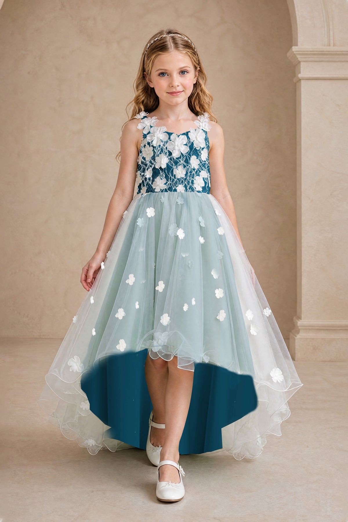 BOLODOO Peacock Flower Girl Dress with Floral Appliqué and High-Low Tulle Skirt - Peacock
