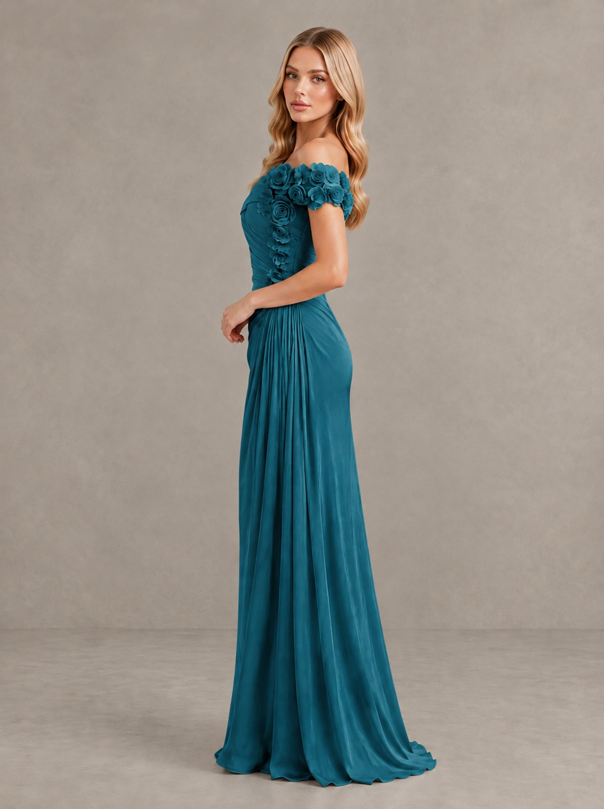 BOLODOO Peacock Off-Shoulder Floral Applique Wedding Guest Maxi Dress - Peacock - Peacock (3)