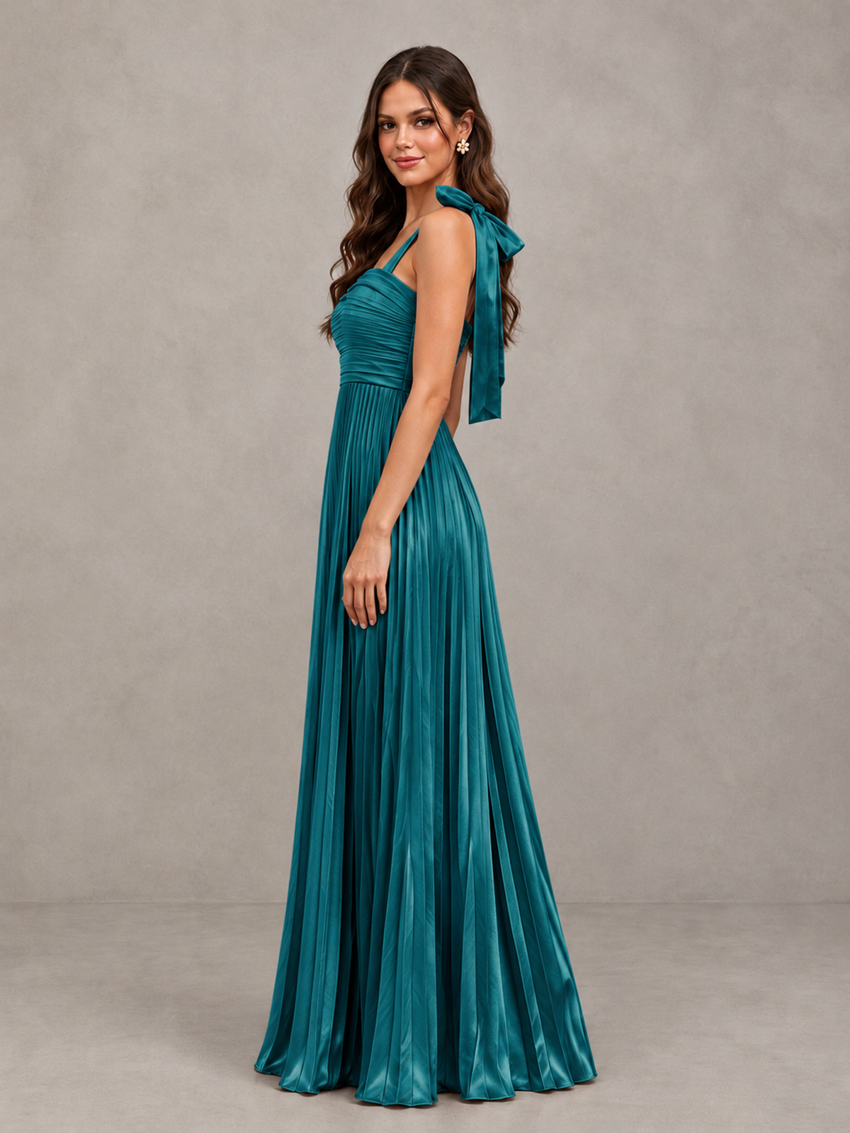 BOLODOO Peacock Pleated Bow-Strap Bridesmaid Maxi Dress - Peacock - Peacock (3)