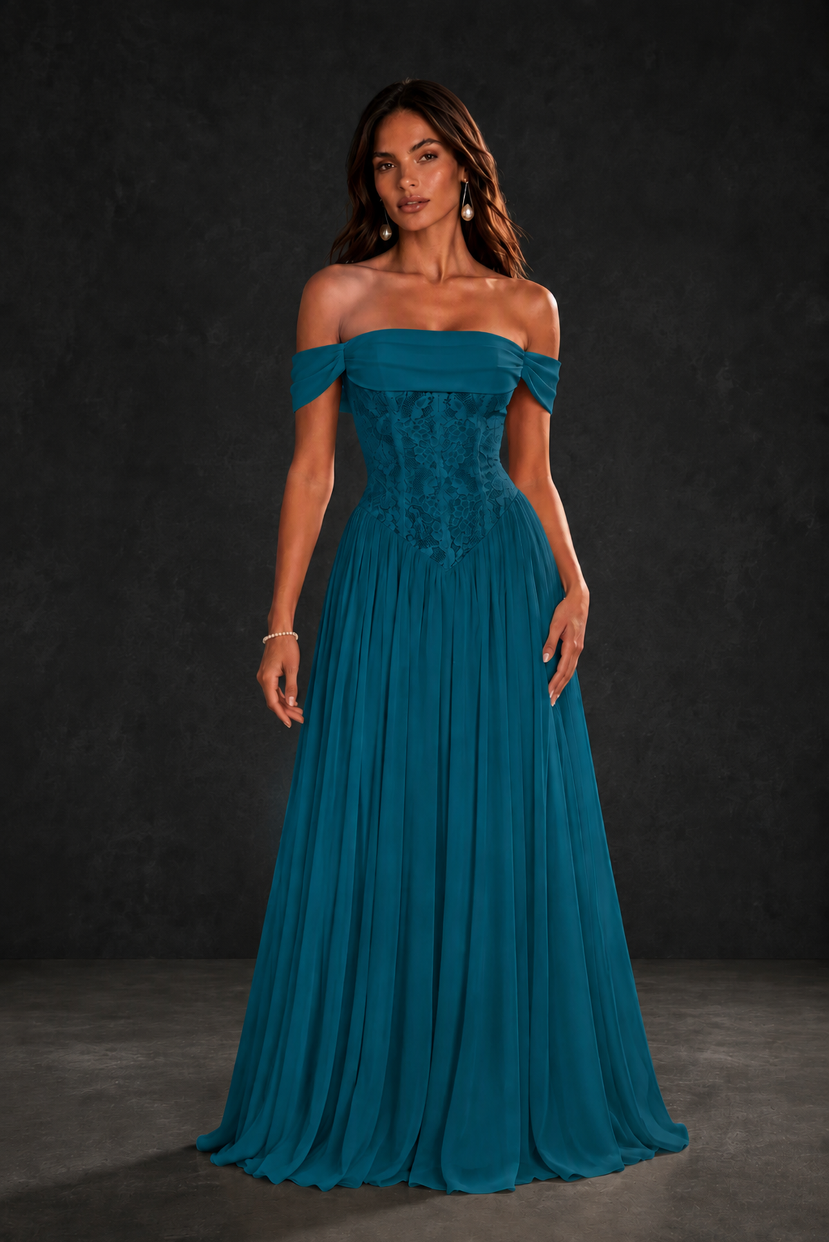 BOLODOO Peacock Off-Shoulder Lace Corset Tulle Maxi Dress - Peacock