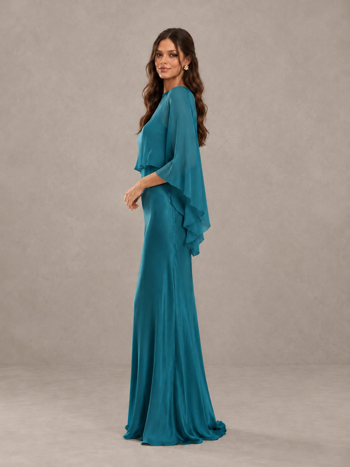 BOLODOO Peacock Satin Mermaid Bridesmaid Dress with Chiffon Cape - Peacock - Peacock (3)