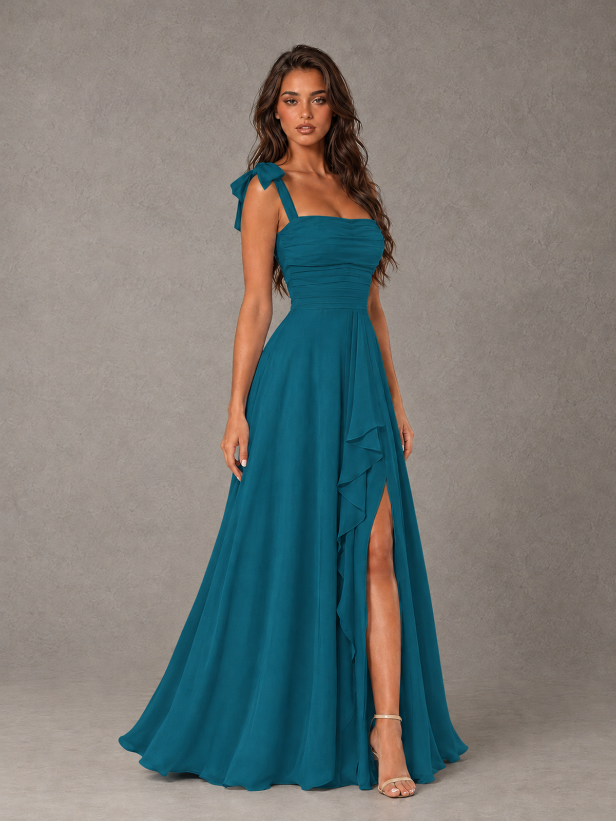 BOLODOO Peacock Bow-Strap Bridesmaid Dress with Ruffle Slit - Peacock - Peacock (3)