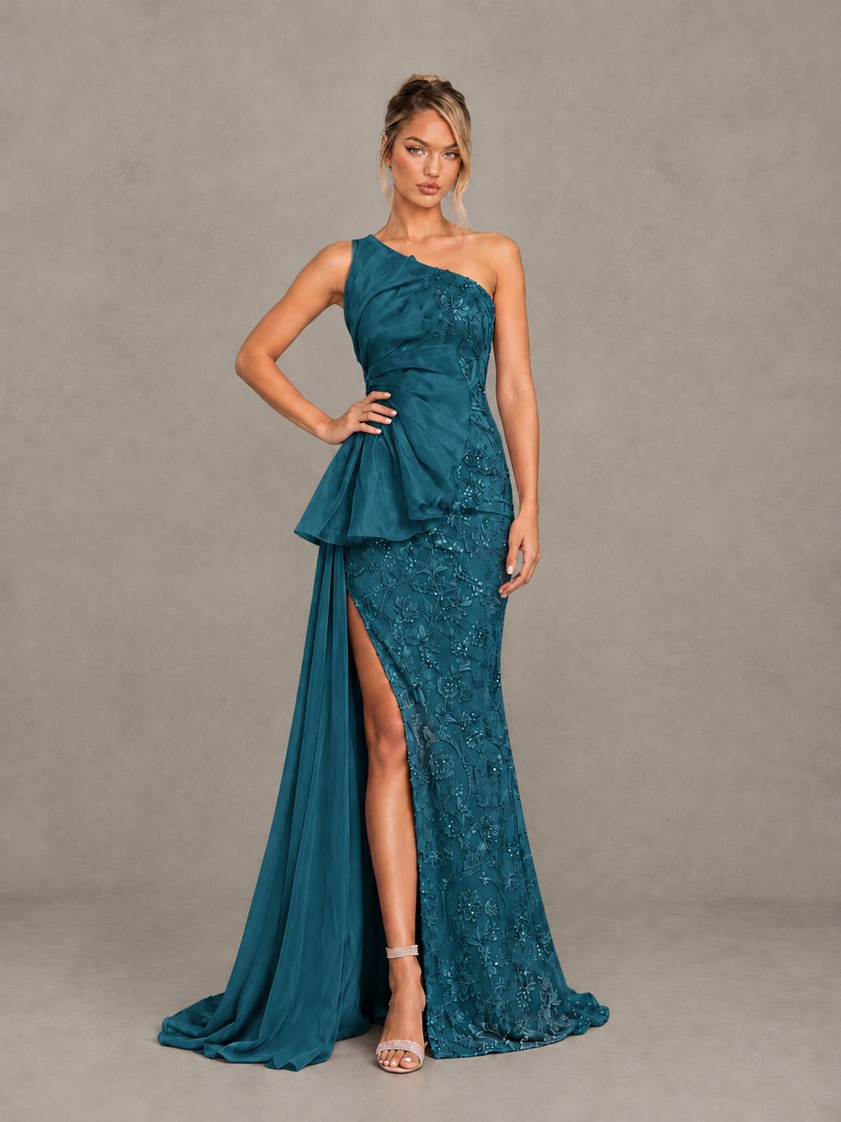 BOLODOO Peacock One-Shoulder Floral Lace Evening Gown with High Slit - Peacock - Peacock (3)