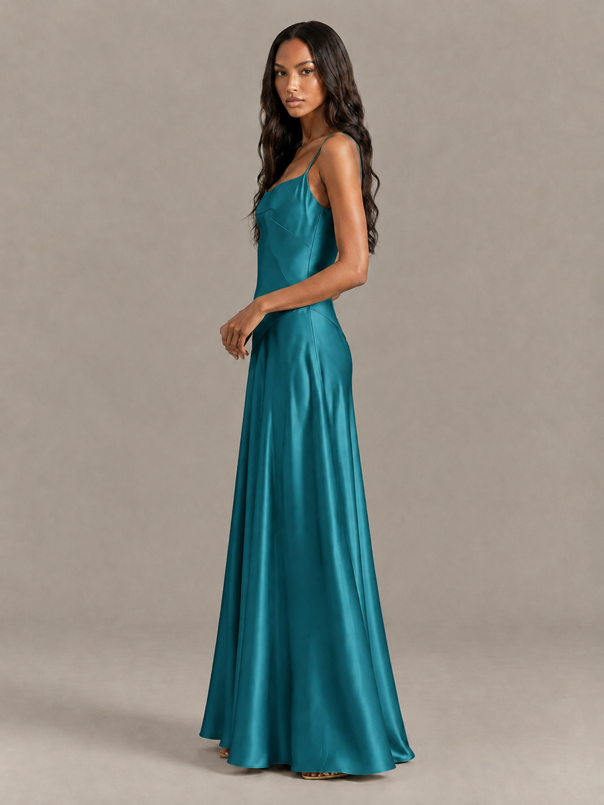 BOLODOO Peacock Satin Lace-Up Back Maxi Dress - Peacock