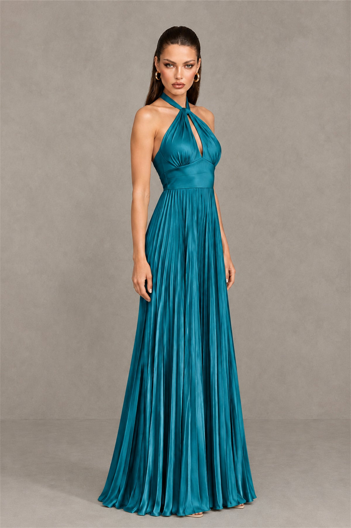 BOLODOO Peacock Halter Pleated A-Line Evening Dress - Peacock - Peacock (3)